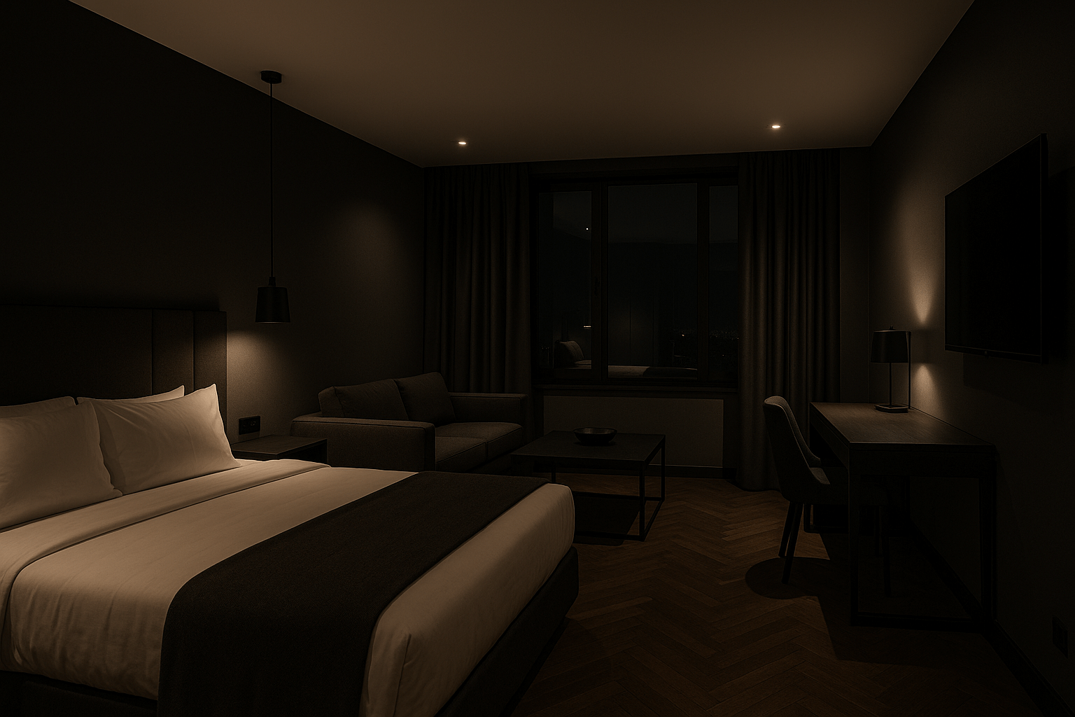Nowoczesny ciemny pokój hotelowy Nowoczesny ciemny pokój hotelowy z eleganckim wystrojem