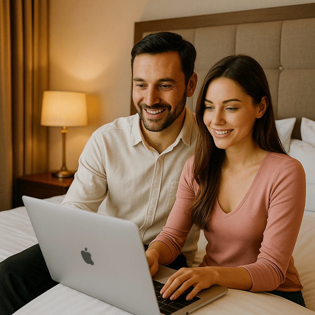 Mężczyzna i kobieta przy laptopie w hotelu Mężczyzna i kobieta przy laptopie w hotelowym pokoju