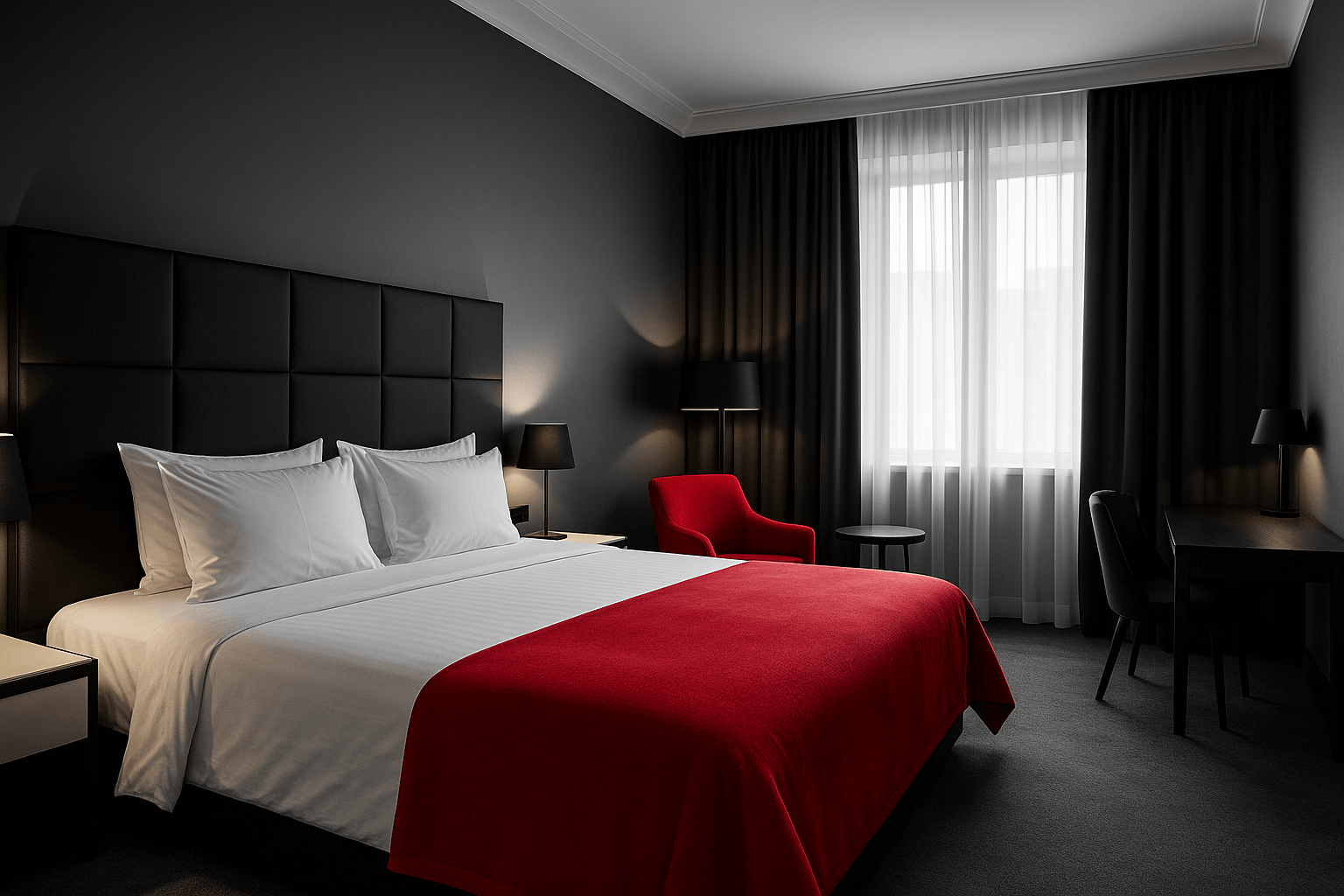 Pokój hotelowy w czarno-białych tonacjach z czerwonym akcentem Nowoczesny pokój hotelowy w czarno-białych tonacjach z czerwonym akcentem