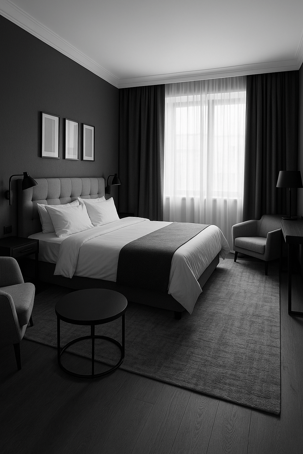 Pokój hotelowy w czarno-białych tonacjach Nowoczesny pokój hotelowy w czarno-białych tonacjach
