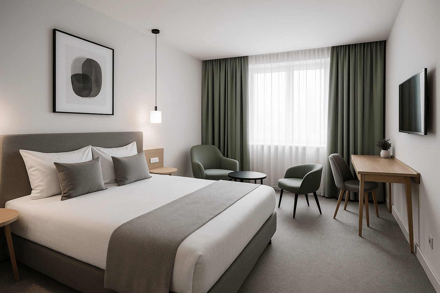 Pokój hotelowy w bieli, szarości i zieleni Nowoczesny pokój hotelowy w bieli, szarości i zieleni z eleganckimi meblami